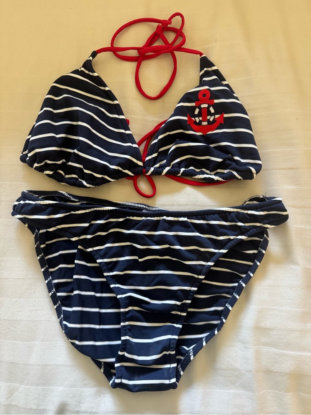 VENUS Navy Stripe Bikini Set with Red Anchor Accent - size 10 Bottom size D Top